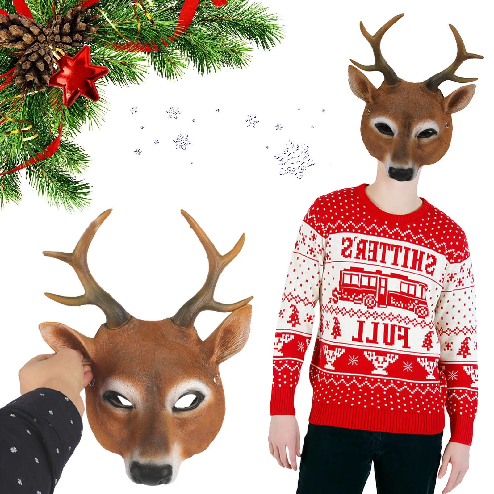 

Cute Deer Head Cosplay Mask Christmas Reindeer 3d Animal Realistic Face Cover Halloween Costume Ball Carnival Party Mask Props