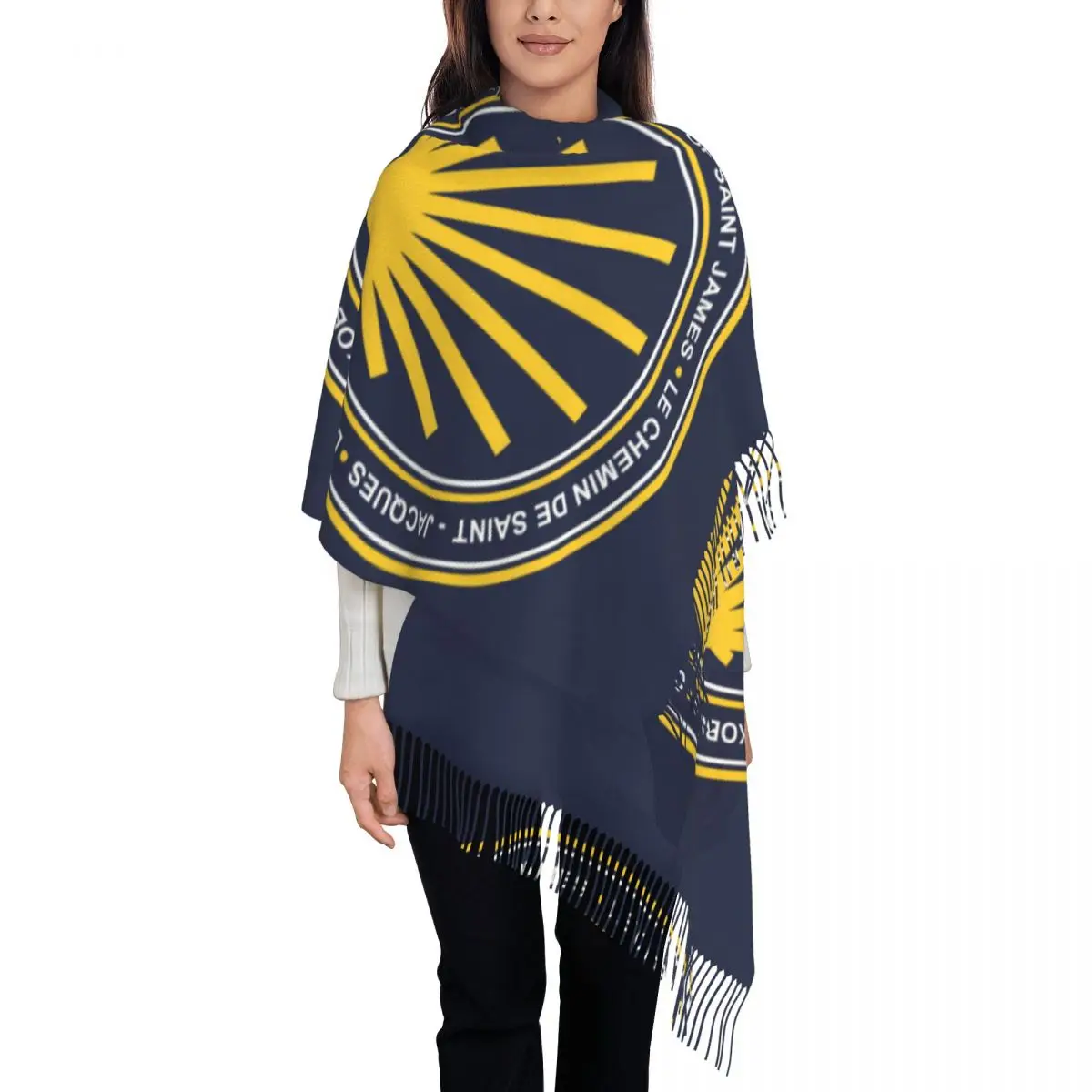 Custom Shell Jacket Camino De Santiago Navy Shield Scarf for Women Luxury Winter Fall Wrap Shawl Tassel Wraps