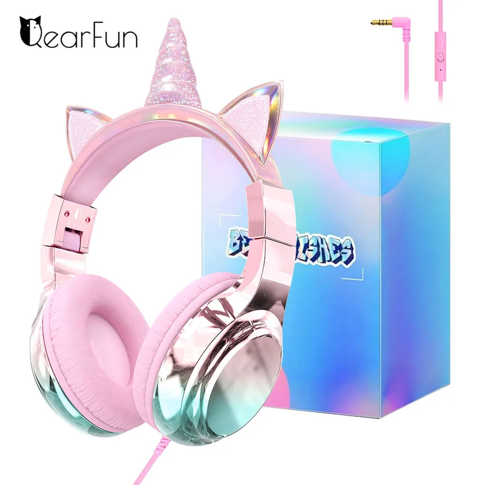 Unicórnio com fio fones de ouvido para crianças meninas 85/94db volume limitado dobrável música fone de ouvido com microfone para escola tablet ipad