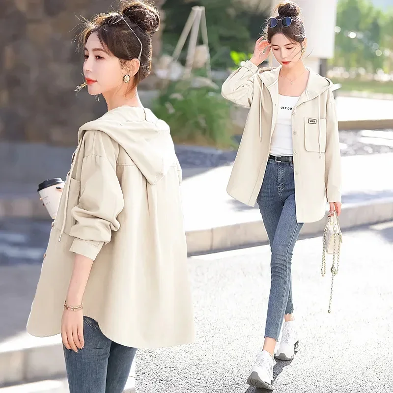 Pop Pop 2025 Spring Female Pure Colour Fashion Denim Shirt Women New Korean Loose Hooded Casual Shirt Thin Coat Elegant Temperam