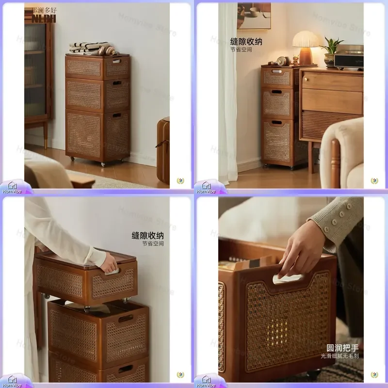 Solid Wood Rattan Storage Basket with Cover Dustproof Clothes Organizer Large Capacity Sundries Bin Removable Toy Container