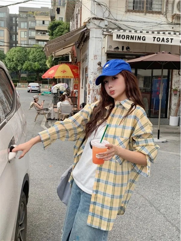 

Ladies Plaid Long Sleeve Shirt Jacket Autumn New Style Student Top Outerwear Lazy Style Design Casual Fashion Cotton Polyeste...