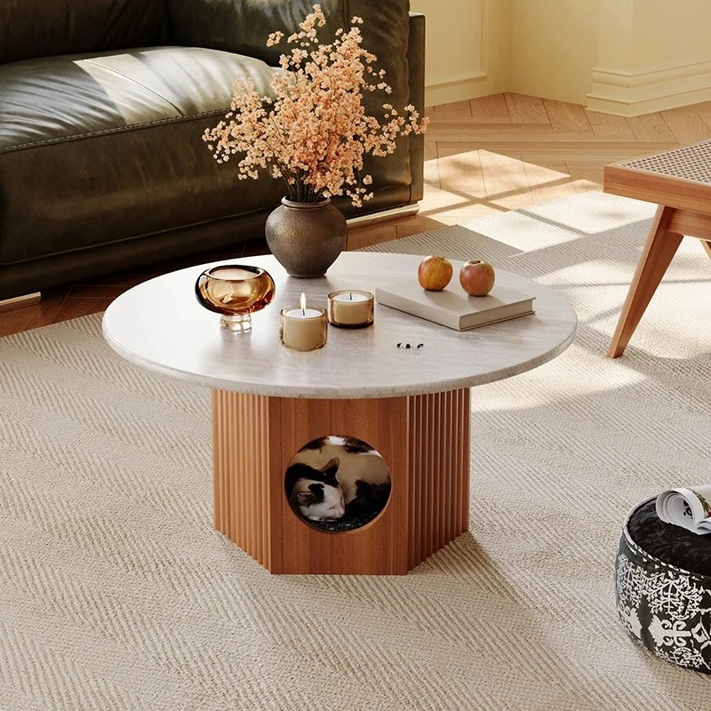 

Rock slab coffee table living room household French retro solid wood round tea table high sense