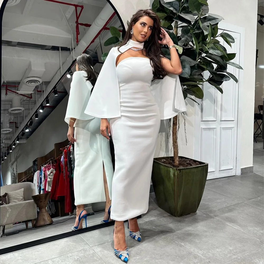 Customized Ankle-Length Solid Color Evening Dresses For Women Sleeveless Boat Neck Prom Gown Sexy Backless White فساتين السهرة 2