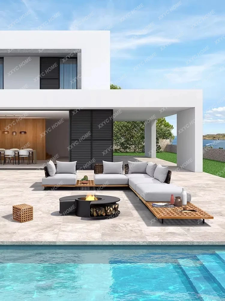 YX Courtyard Outdoor Leisure Anti-Corrosion All Solid Wood Villa Terrace High-End Italian Mid-Ancient Combination Large Sofa