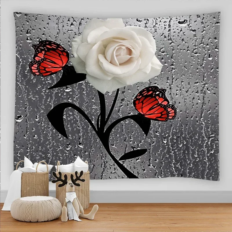 3D colorful flowers tapestry dragonfly water droplets art hanging room decor living room wall Canva home bedroom decor