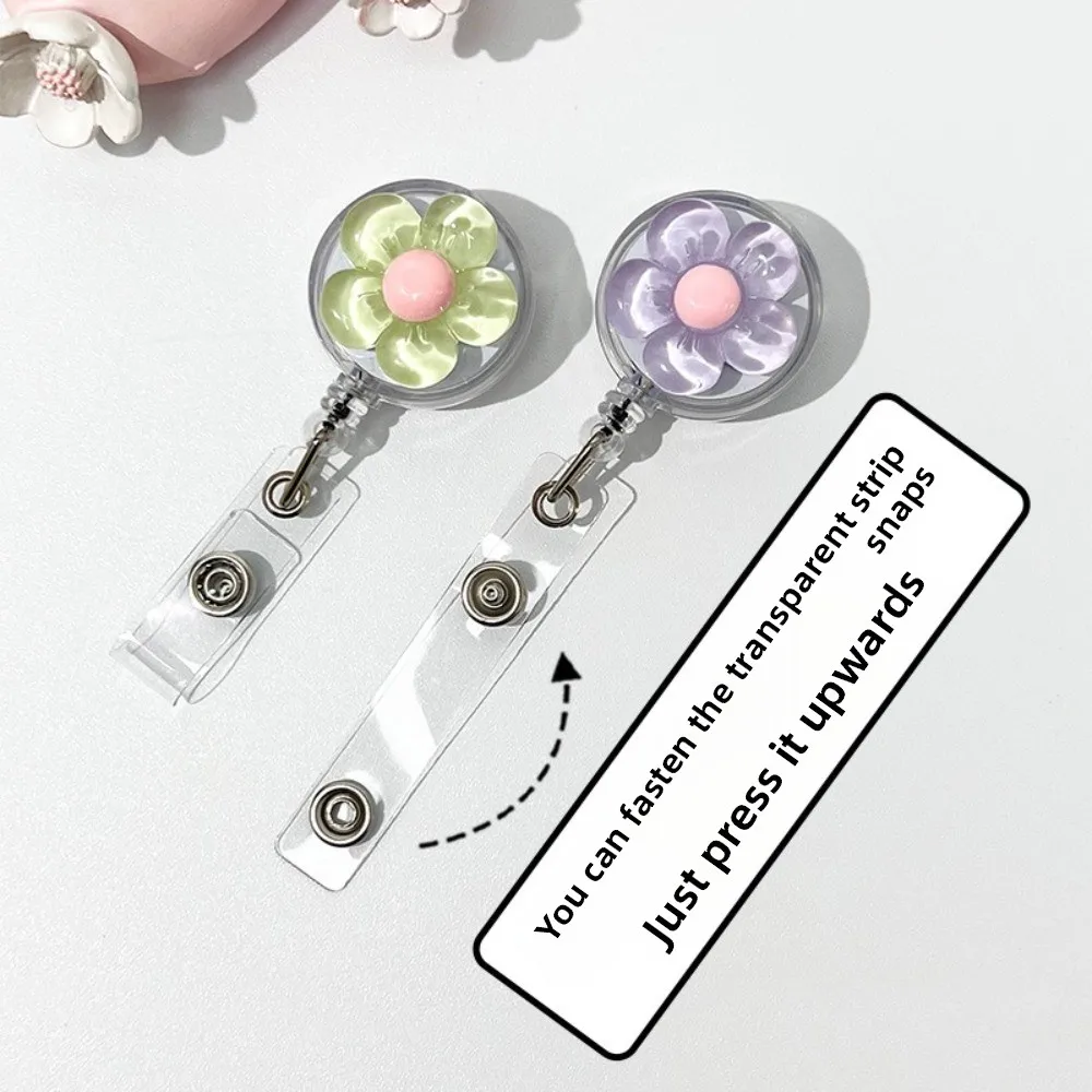 1pcs Cute Transparent Floral Badge Reel for Women Retractable Worker ID Card Pull Buckle Doctore Nurse ID Card Badge Holder Clip