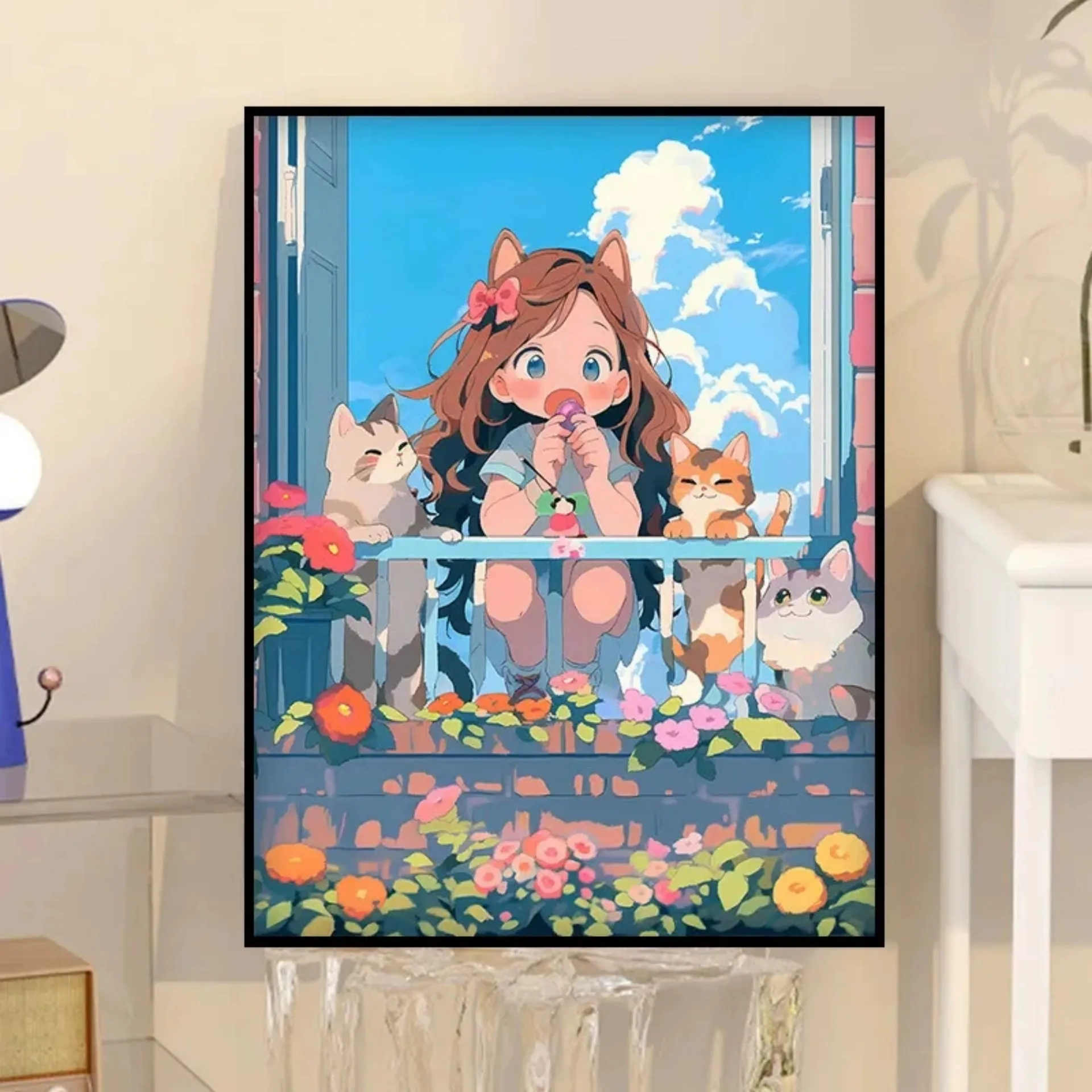 300003-QSweet Girl With Three Kittens On Floral Blue Balcony