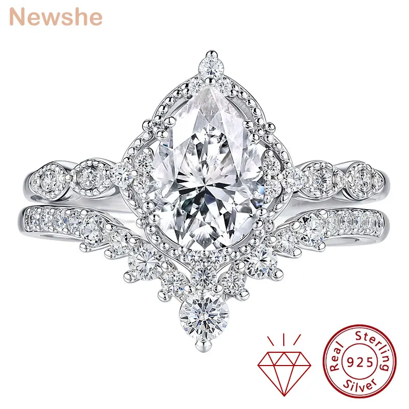 Newshe Moissanite Wedding Rings for Women 925 Sterling Silver Engagement Ring Bridal Set Pear Teardrop Shaped Wish Band