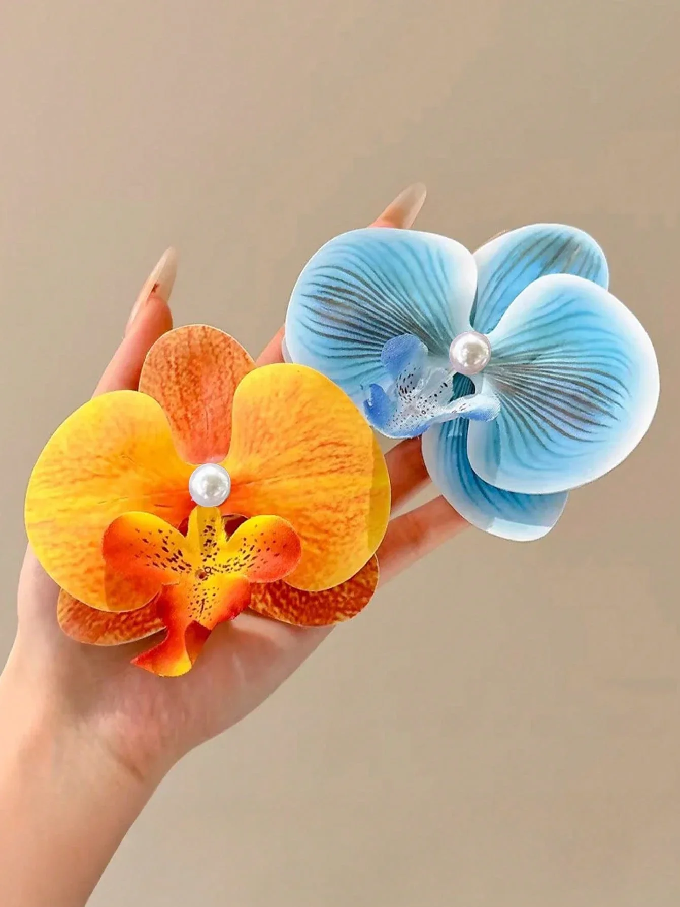 

2pcs Women Bohemian Yellow And Light Blue Orchid Flower Hair Clips For Beach Party Casual