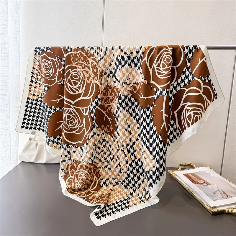Light luxury summer houndstooth faux silk large square scarf camellia print shawl twill headscarf women's scarf