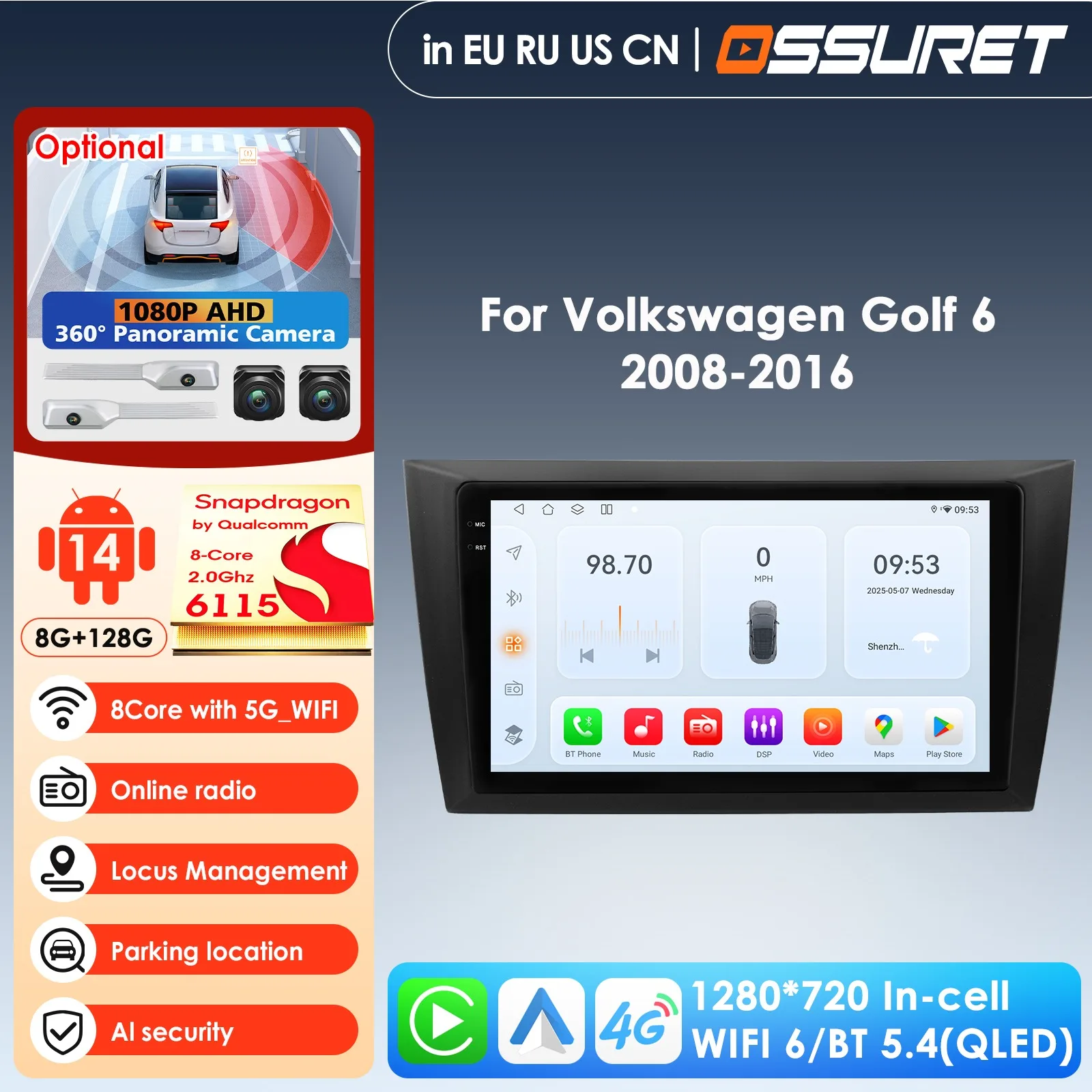 9inch by Qualcomm Snapdragon 4G LTE CarPlay Android Car Multimedia Player for Volkswagen VW Golf 6 MK6 2008-2016 GPS Head Unit