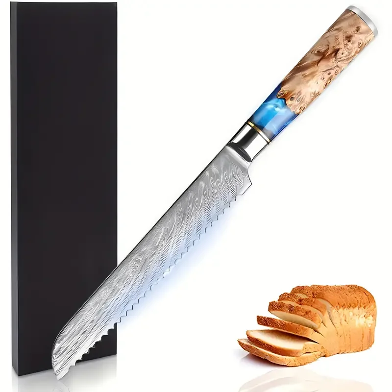 Damascus Steel Bread Knife, 67-layer Japanese VG10 Steel, Wavy Serrated Blade, Kitchen Tool