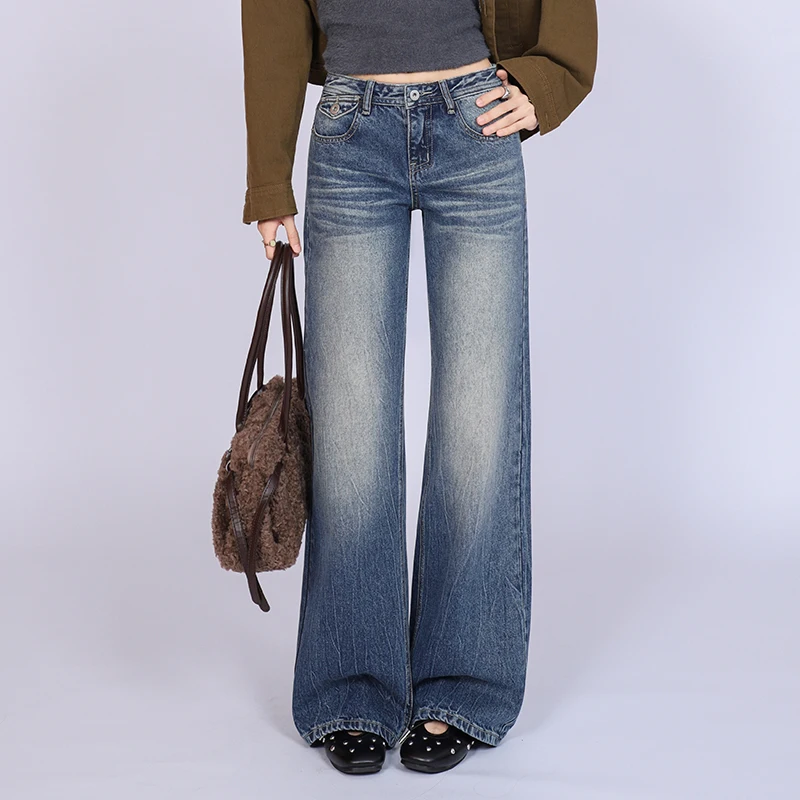 Y2K American Retro Faded Blue Jeans Women High Street Vintage Wash Wide Leg Denim Pants Korean Trendy All-match Denim Trousers