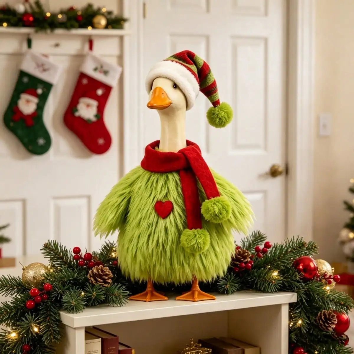 3 Pcs Christmas Goose Outfit For 23-Inch Porch Goose Statue: Green Monster Faux Fur Shirt, Hat, And Scarf For Yard Decor