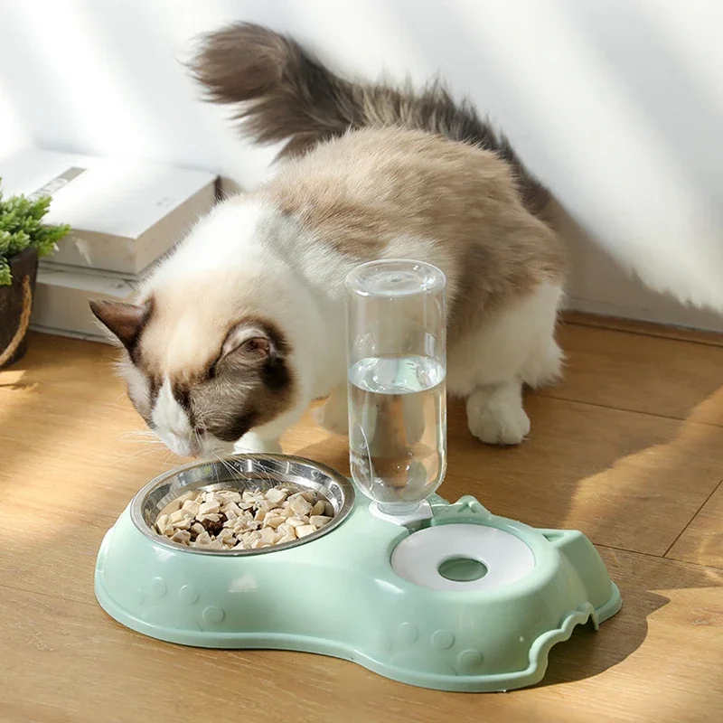 Dog Bowl Cat Feeder Bowl With Dog Water Bottle Automatic Drinking Pet Bowl Cat Food Bowl Pet Stainless Steel Double  Bowl Dog