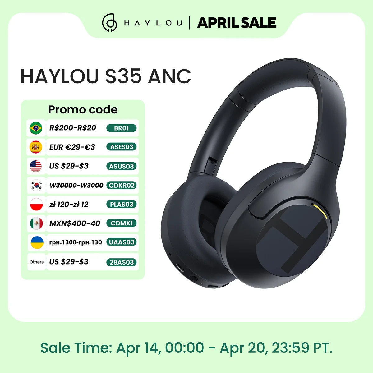 

HAYLOU S35 ANC Wireless Bluetooth 5.2 Headphones 42dB Over-ear Noise Cancellation Headsets 40mm Driver 60H Playtime Earphones