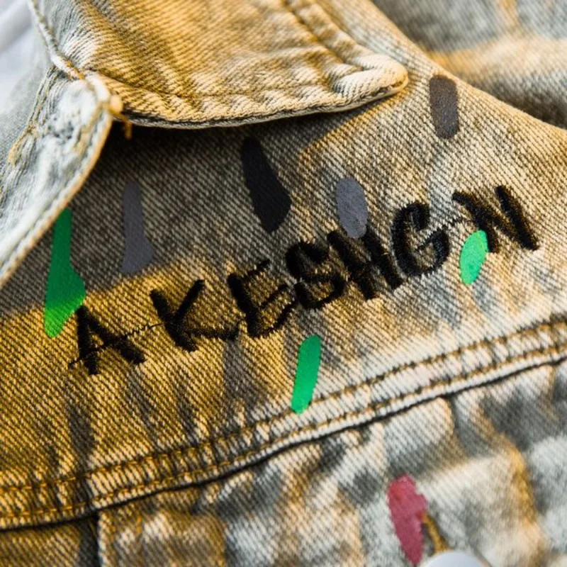 Men's clothing American retro distressed denim jacket Men's trendy loose embroidered jacket top streetwear