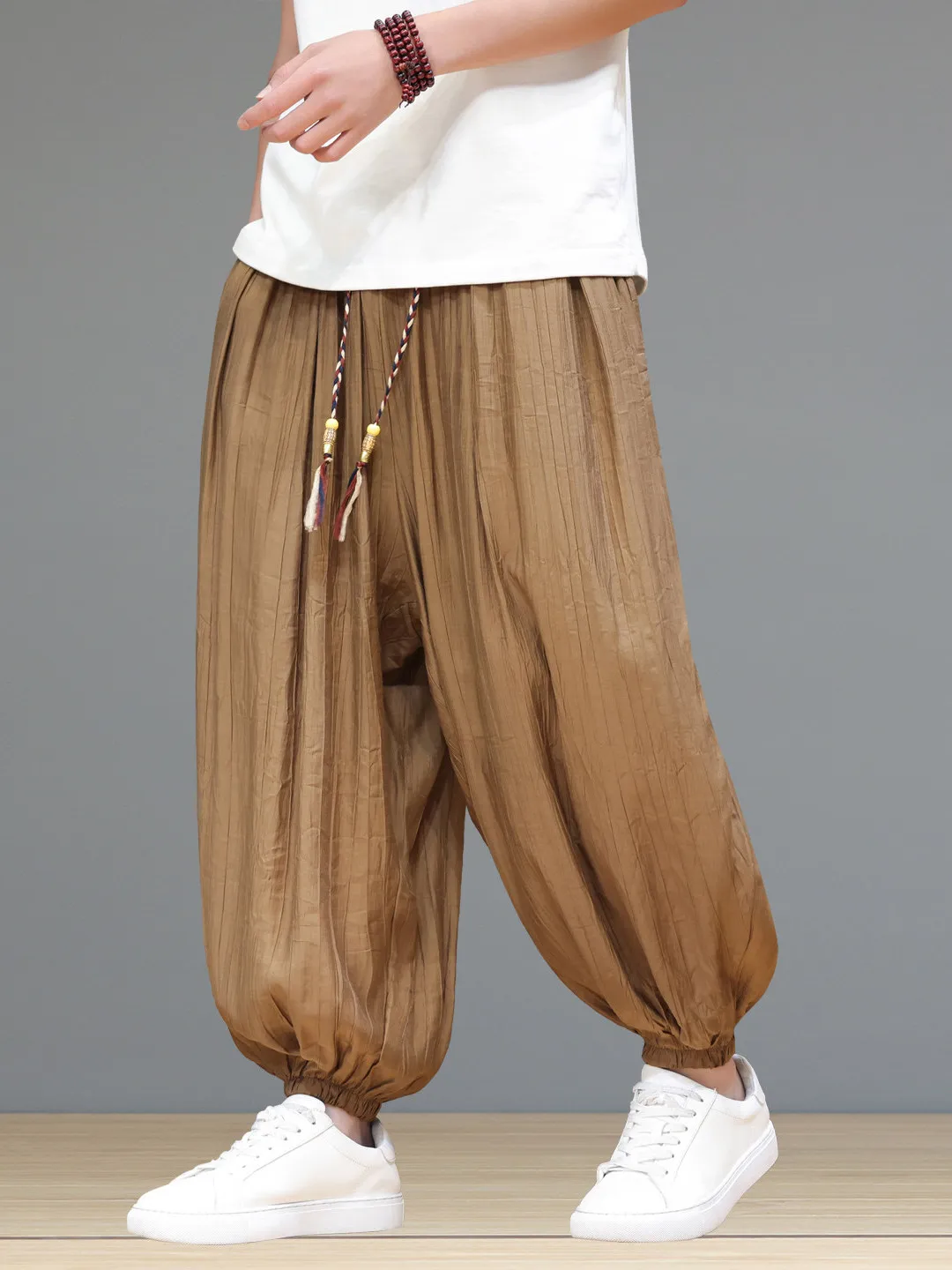 

Men's Loose Linen Harem Pants Casual Streetwear Trousers Breathable Polyester Fiber Elastic Waist mid Waist Harlequin Sle