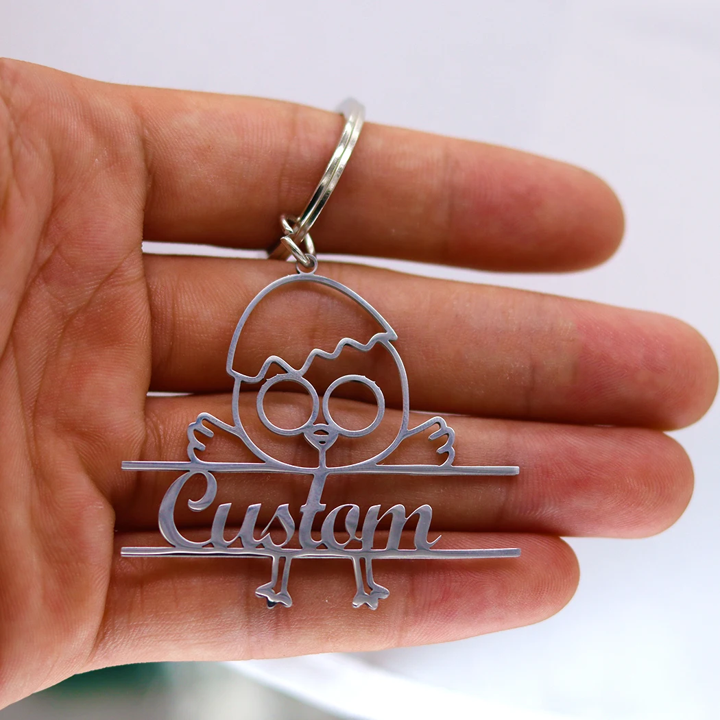 QIAMNI Animal Bird Eggs Keychains Stainless Steel Personalized Customized Name Keyrings for Car Bag Key Chains Women Jewelry