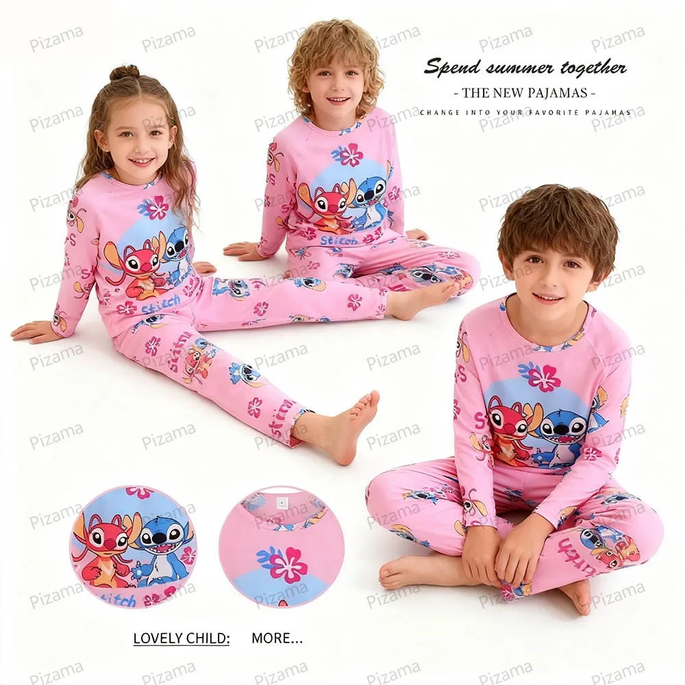 طقم بيجامة للأطفال بأكمام طويلة مع طابع غرزة باللون الوردي، ملابس مريحة للأطفال، ملابس نوم منزلية، ملابس نوم ليلو وستيتش