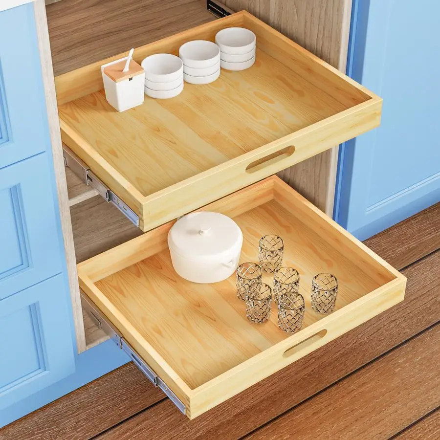 

Out Cabinet Organizer, 1PC 27 W x 21 D Soft Close Slide Out Wood Drawer Storage Shelves for Kitchen, Base Cabinet Organization f