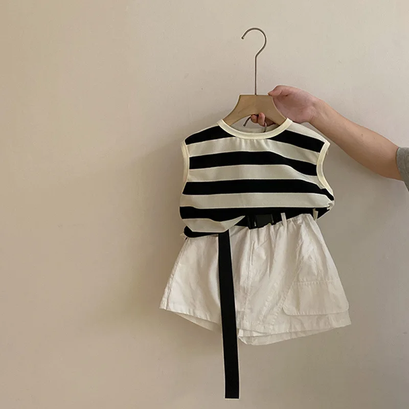 Girls Summer 2026 New Stylish Trendy Striped Sleeveless Top Casual Versatile Solid Shorts Two Piece Set