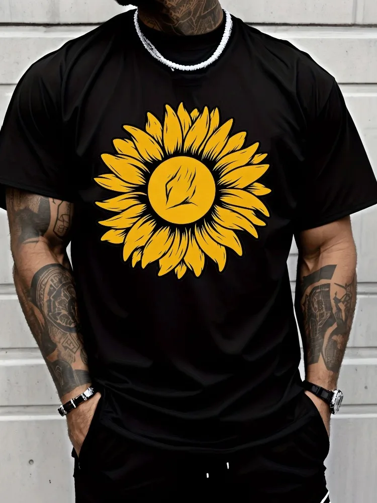 Sunflower Floral Graphic Mens Cotton Short Sleeve Crew Neck Tee Loose Soft Casual Summer Daily Top For Guys Street Basic Outfit