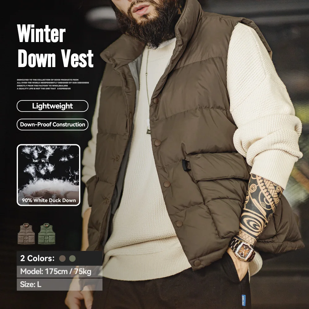 Maden Men's Autumn and Winter Down Vest White Duck Down Filling Thickened Warm Stand-up Outerwear Vests Large Double Side Pocket