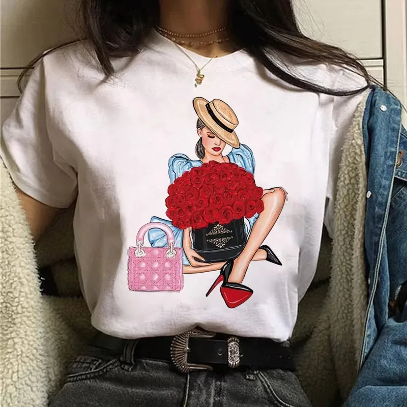 Urban Girls  round Fashion Lady Red Rose Luxury Handbag Print T Shirt Women Elegant High Heels Graphic Casual Short Sleeve Tee