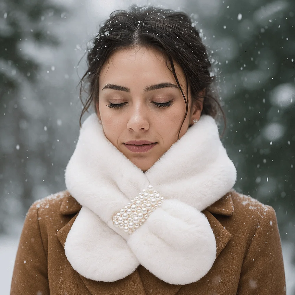 Fashion Thickened Pearl Plush Scarf Soft Faux Rabbit Fur Korean Style Scarf Cross Warm Neck Warm Ring Women Girls