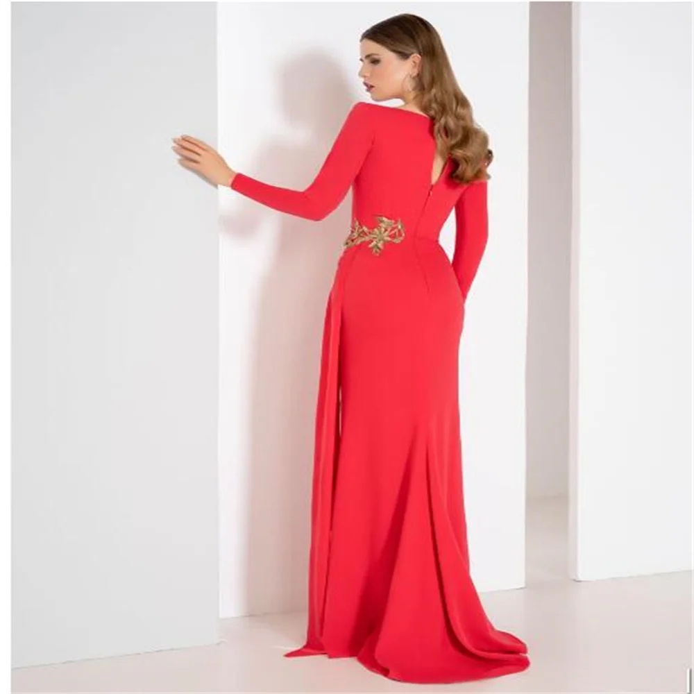 Long Sleeve Prom Dress Mermaid Formal Appliques Chiffon Boat Neck Floor Length Evening Gowns Dresses