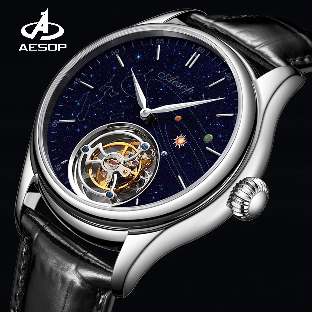 AESOP Flying Tourbillon Skeleton Men's Mechanical Watch Hand Wind Wristwatch Watches for Men Male Clocks Luxury Mechanical Watch