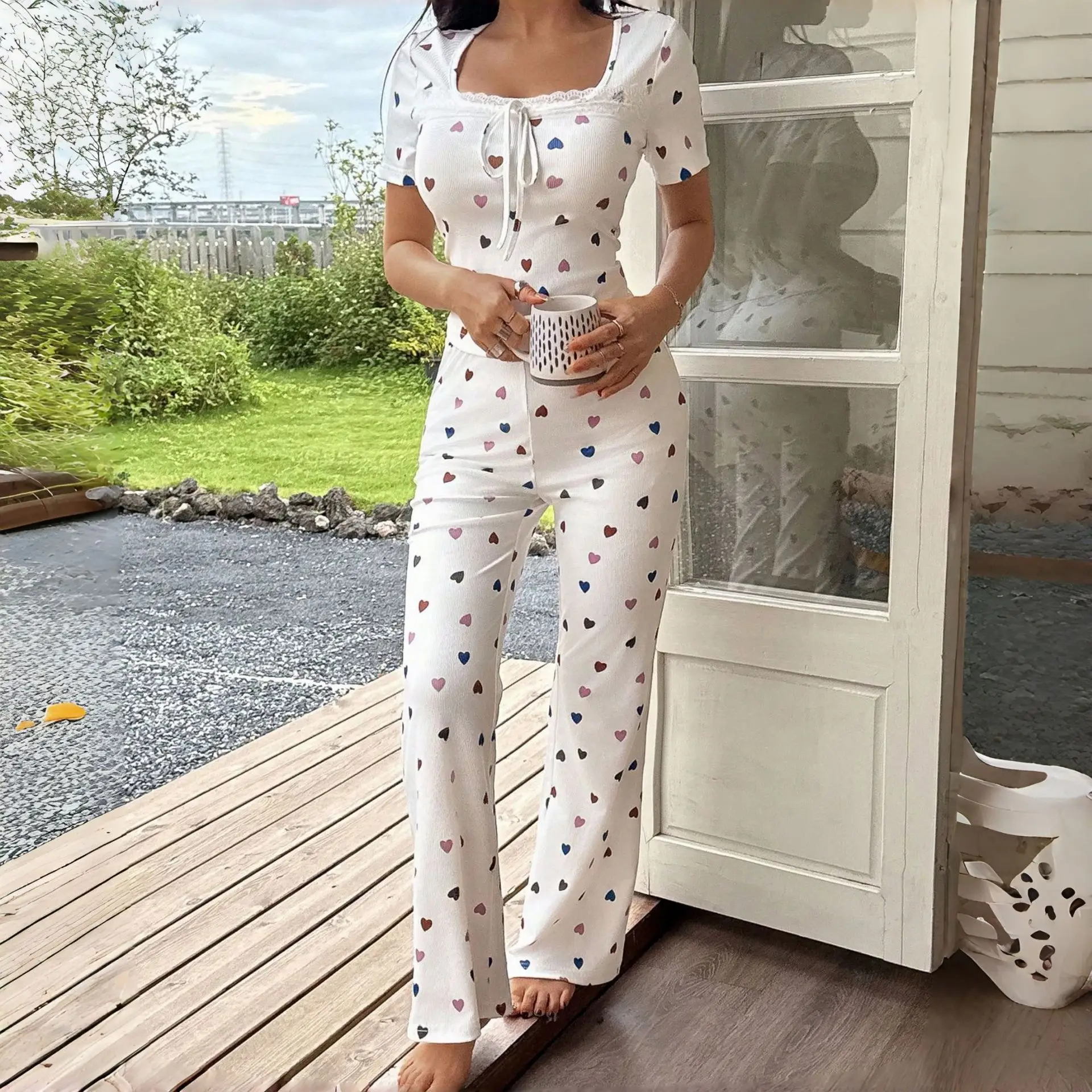 Lace Trim Short Sleeve Long Pants Polyester Lace Trim Short Sleeve Long Pants Square Neck Lace Trim Front Tie Colorful Heart