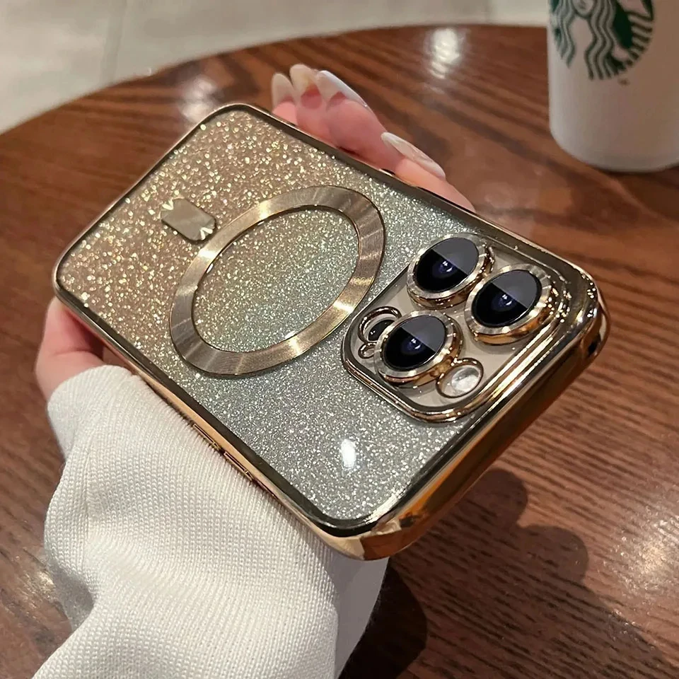 Funda con purpurina chapada de lujo para MagSafe para iPhone 15, 14, 13, 12, 11 Pro Max Plus, fundas de carga inalámbrica magnéticas, funda de teléfono para mujer