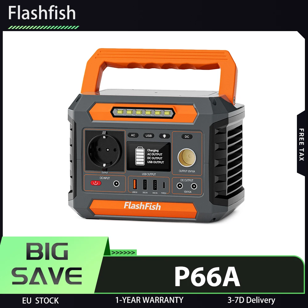 Station d'alimentation portable Flashfish P66A, capacité de 144,3 Wh, batterie de 39 000 mAh, sortie AC de 200 W, 8 sorties, USB-A/USB-C QC 18 W, entrée solaire 13–22 V, 3 méthodes de charge, lumière LED intégrée