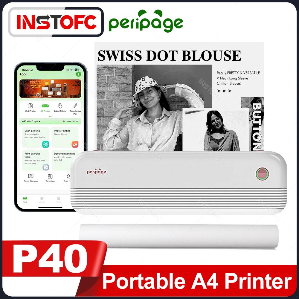 

Peripage P40 Bluetooth Portable Printers Wireless Inkless Printer Thermal Transfer Printer Support A4/A5/B5 Thermal Paper
