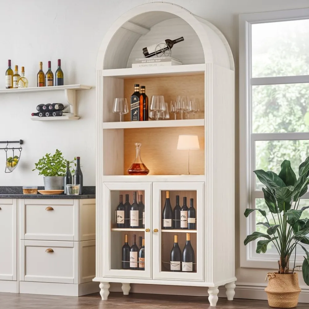 Armadietto da bar ad arco vintage da 72 pollici con ripiani, ripiani regolabili e presa di corrente per vino e bevande