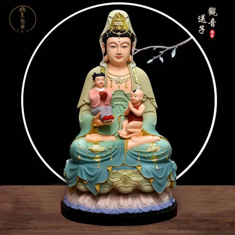 Colorful Resin Guanyin Statue for Fertility Blessing Home Worship Ornament Pray for Boy Girl and Twin Children