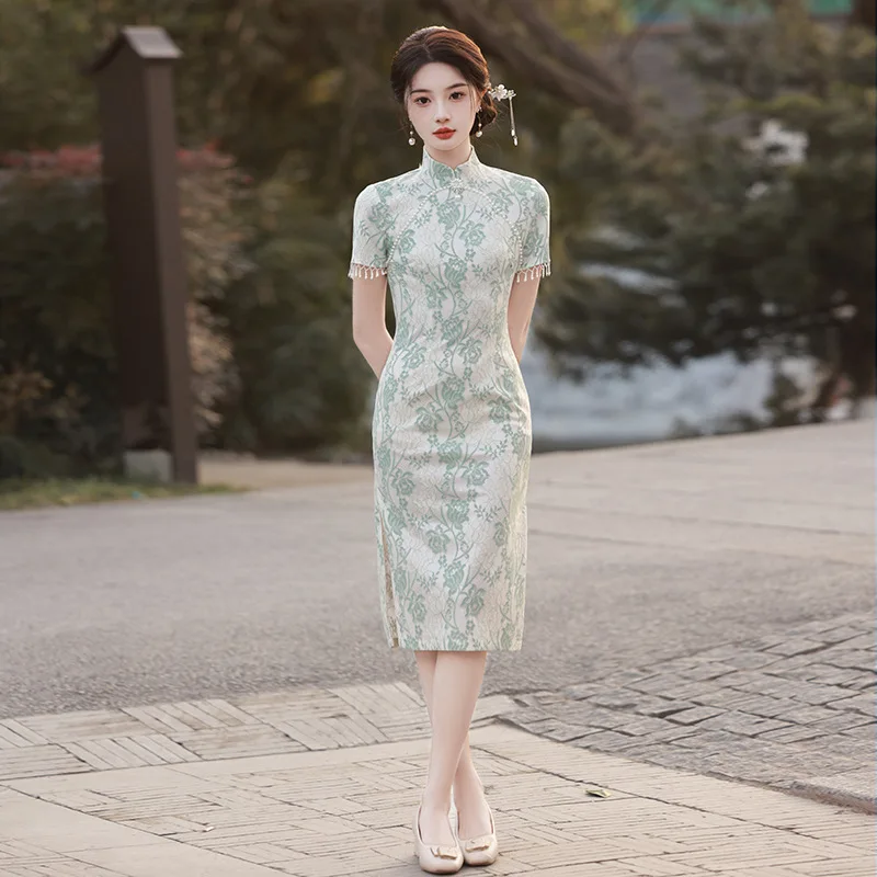 2024 Summer Fashion Chinese Traditional Dress Vintage Printing Qipao Women Modern Eleganti Slim Fit Long Cheongsam Evening Dress