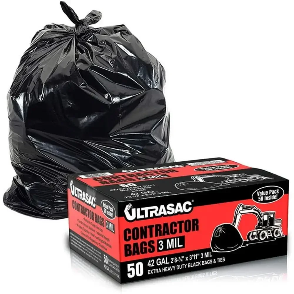 

Heavy Duty 42 Gallon Contractor Bags 3 Mil 32" X 47" Black 50 Count Multipurpose Durable Trash Bags Suitable Construction Debris