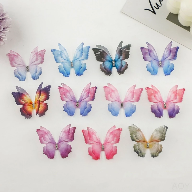 4.5cmX10pcs Colorful Lace Butterfly Accessories Double-layer Sheer Butterfly Printed Mesh With Diamond DIY Hairpin Decoration