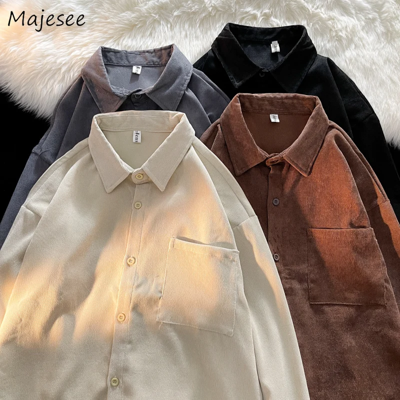 

Shirts Men Corduroy Simple Teens Loose Vintage Casual Korean Fashion All-match Tops BF Camisas Outwear Hombre Youthful Blusas