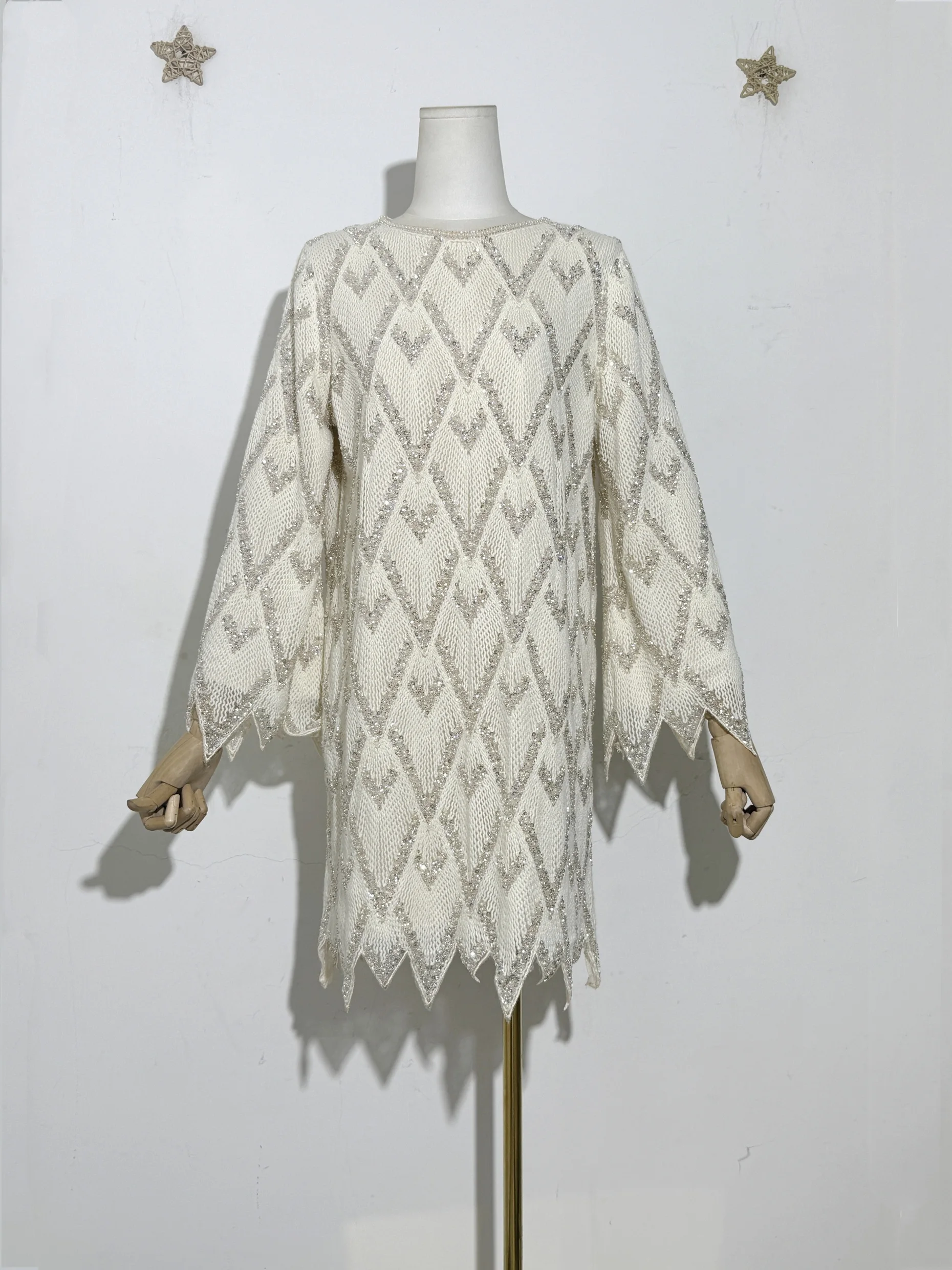 

New Sequin Argyle Women Knit Lace Mini Dress Embellished Sparkly Diamond Pattern Long Sleeve O-Neck Beaded Tunic Party Dress