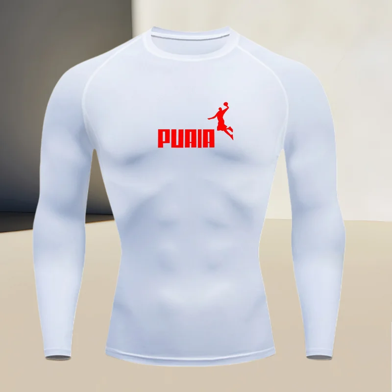 Camiseta masculina de manga comprida, gola redonda, fina, esportiva, de secagem rápida, modeladora de músculos, tecido de alta elasticidade.