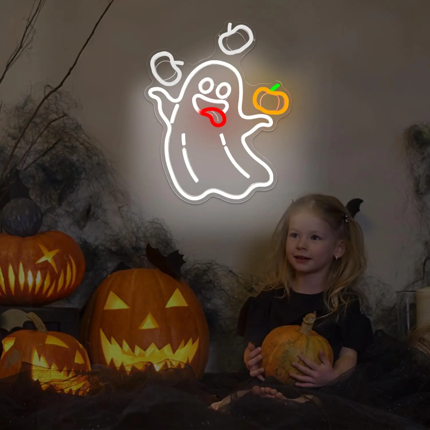 Animated Ghost Pumpkin Neon Sign, Halloween LED Window Light for Horror Party, Bar, Man Cave, Perfect Halloween Wall Decor Light