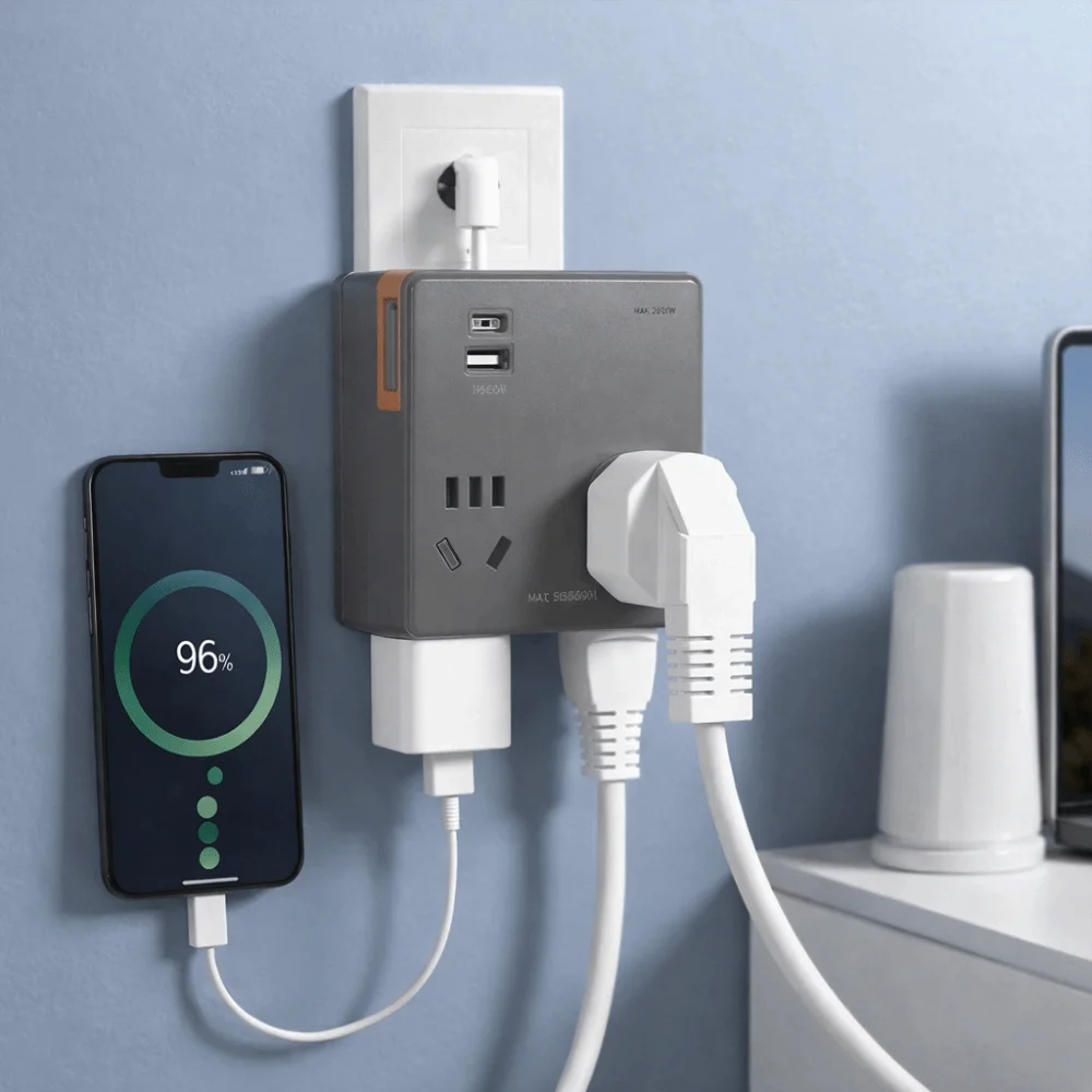 Modern Design Flat Plug Power Strip Widely Outlets USB C Ports Socket Extender Space Saving Power Expander Home Use