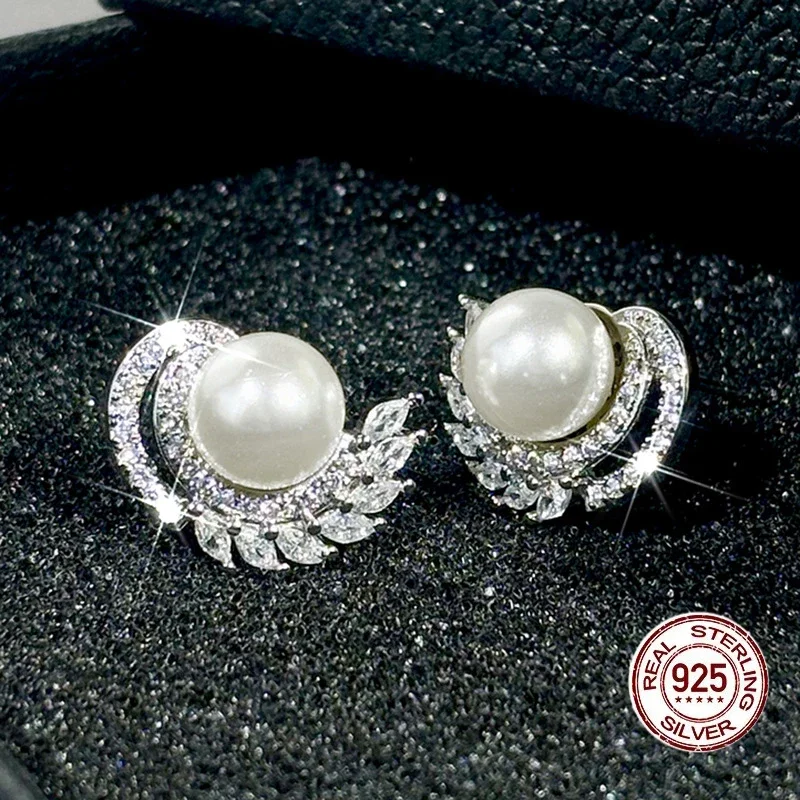 

White Pearl Shiny Zirconia Wing Stud Earrings for Women Wedding Accessories for Engagement Elegant 925 Sterling Silver Jewelry