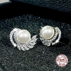White Pearl Shiny Zirconia Wing Stud Earrings for Women Wedding Accessories for Engagement Elegant 925 Sterling Silver Jewelry