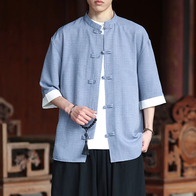 Oversized Men's Casual Shirt New Arrival 2026 Summer Chinese Style Vintage Stand Collar Solid Color Loose Male Tops Shirts N113
